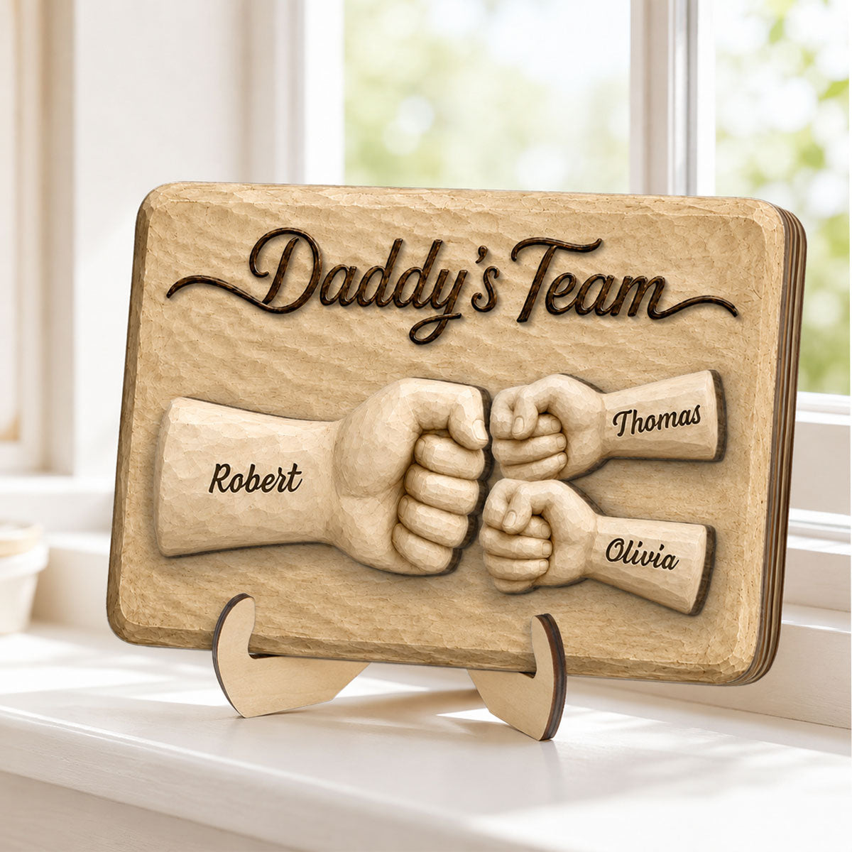 Sentimental Rustic Daddy's Team Fist Bump - Personalized 2-Layered Wooden Plaque - Gift For Dad, Husband