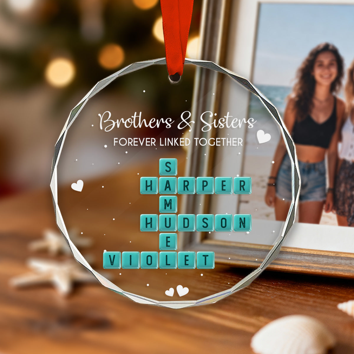 Brothers Sisters Siblings Forever Linked Together Crossword Puzzle Art Personalized Glass Ornament