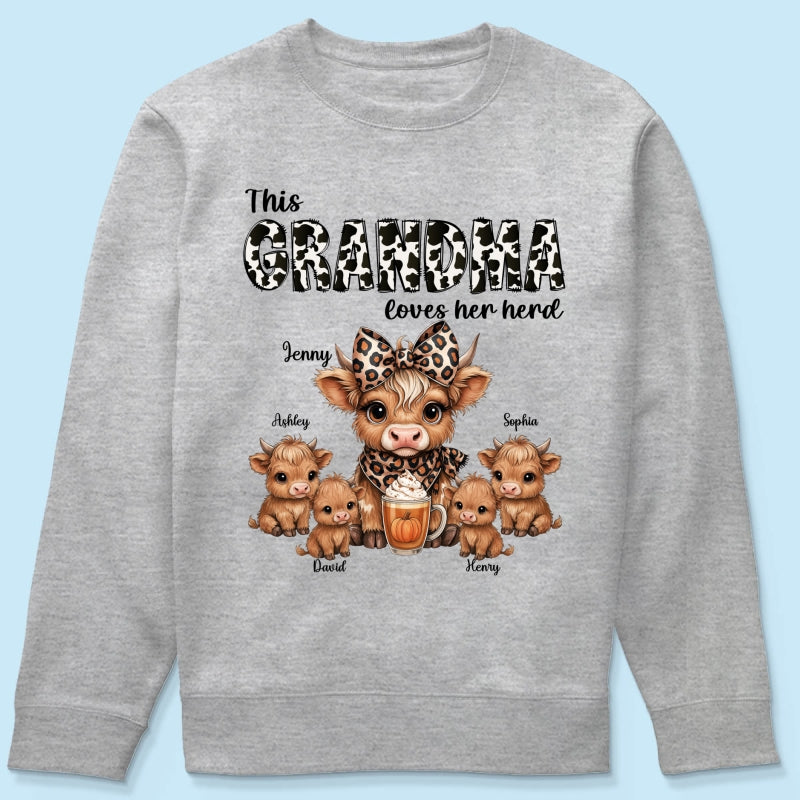 This Mama Grandma Loves Her Herds – Cozy Fall Vibe Personalized Highland Cow Family Sweatshirt