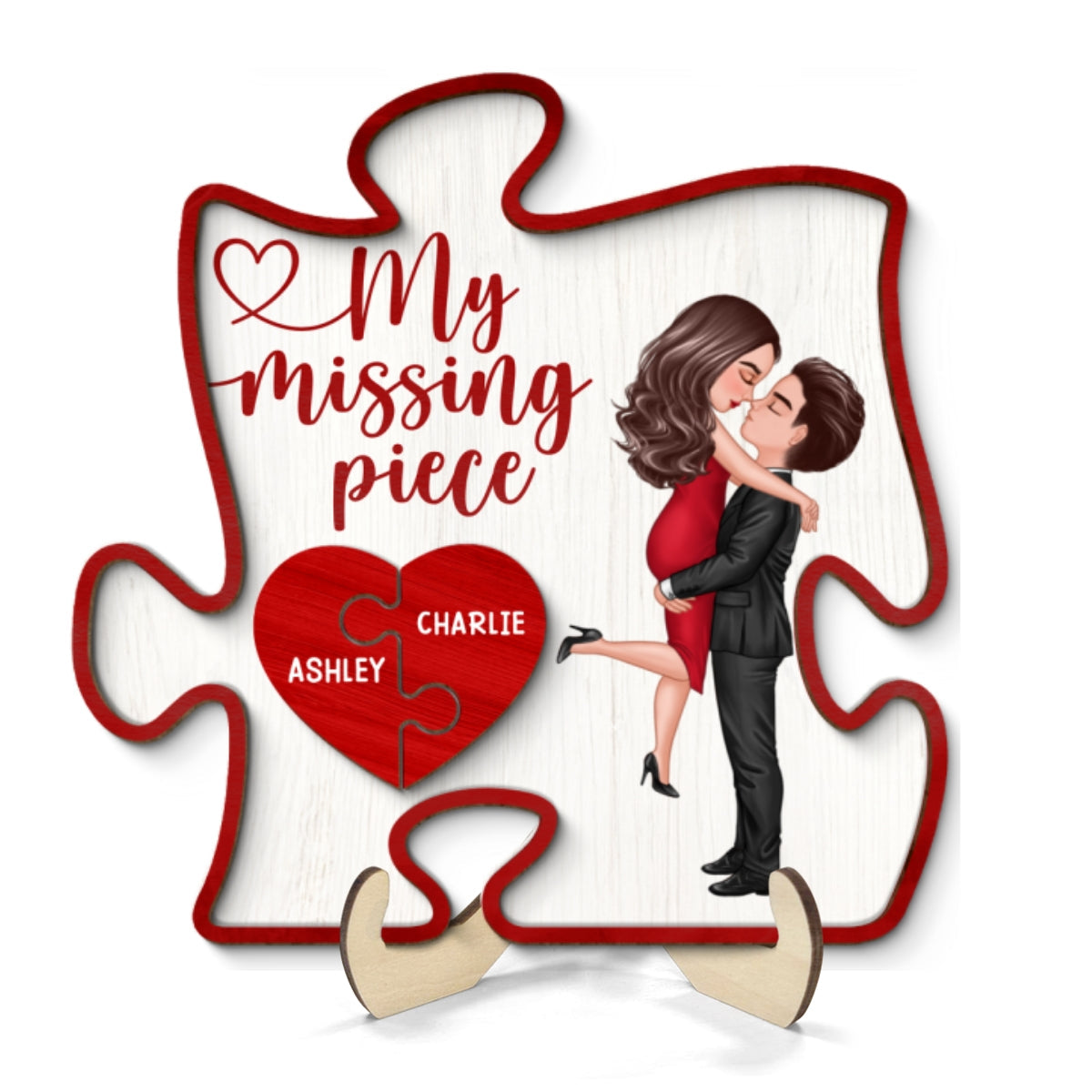 My Missing Piece Couple Hugging Kissing Red Puzzle Shaped Personalized 2-Layer Wooden Plaque, Anniversary Gift, Gift