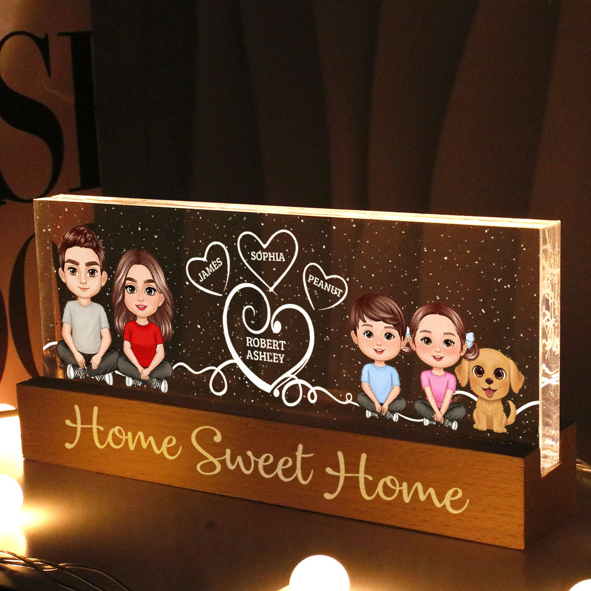 Home Sweet Home Cute Family Sitting Crossed Legs Personalized Acrylic Block LED Night Light, Gift For Her, Gift For Him