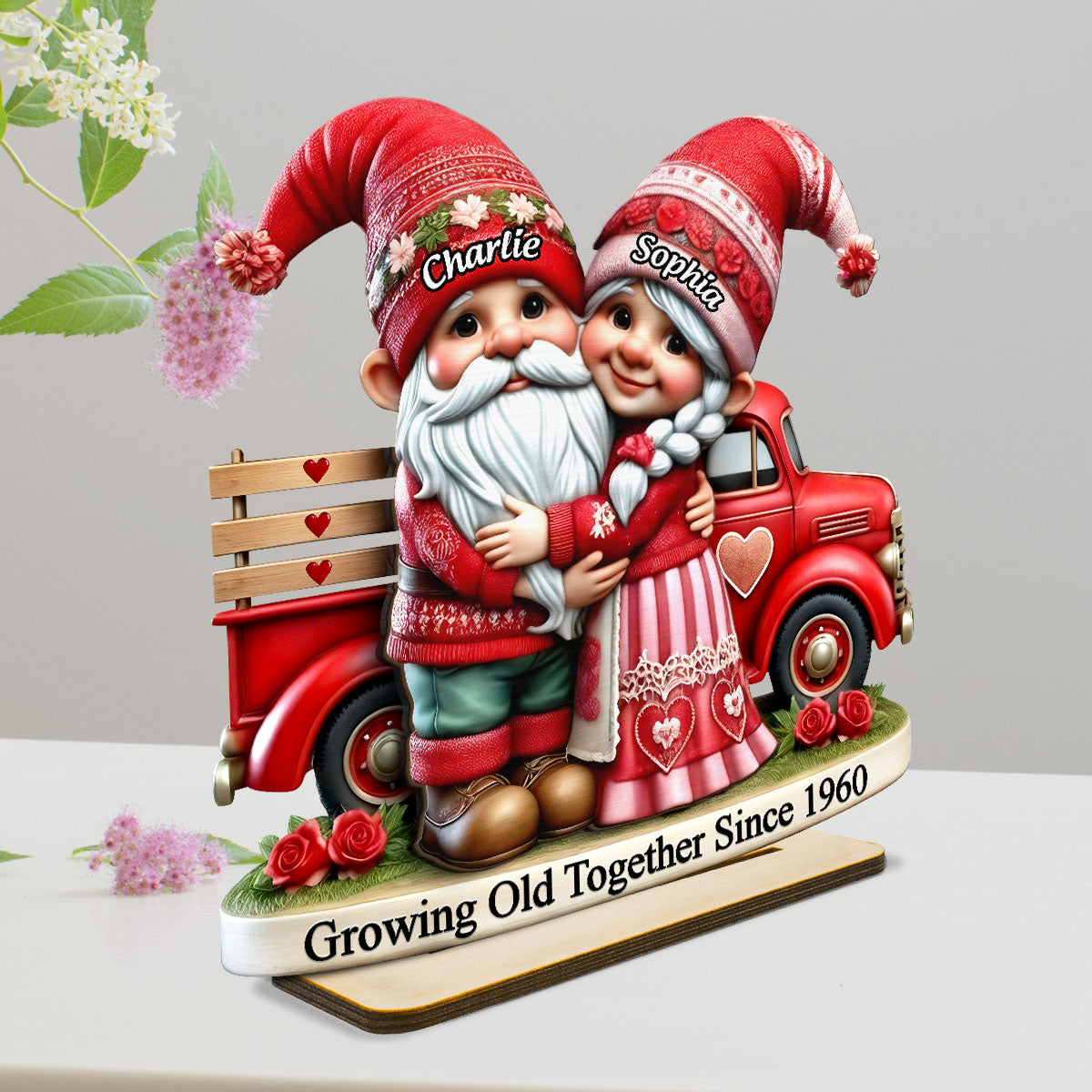 3D Effect Gnome Couple Truck Personalized 2-Layer Standing Wooden Plaque, Heartfelt Gift For Her, For Wife