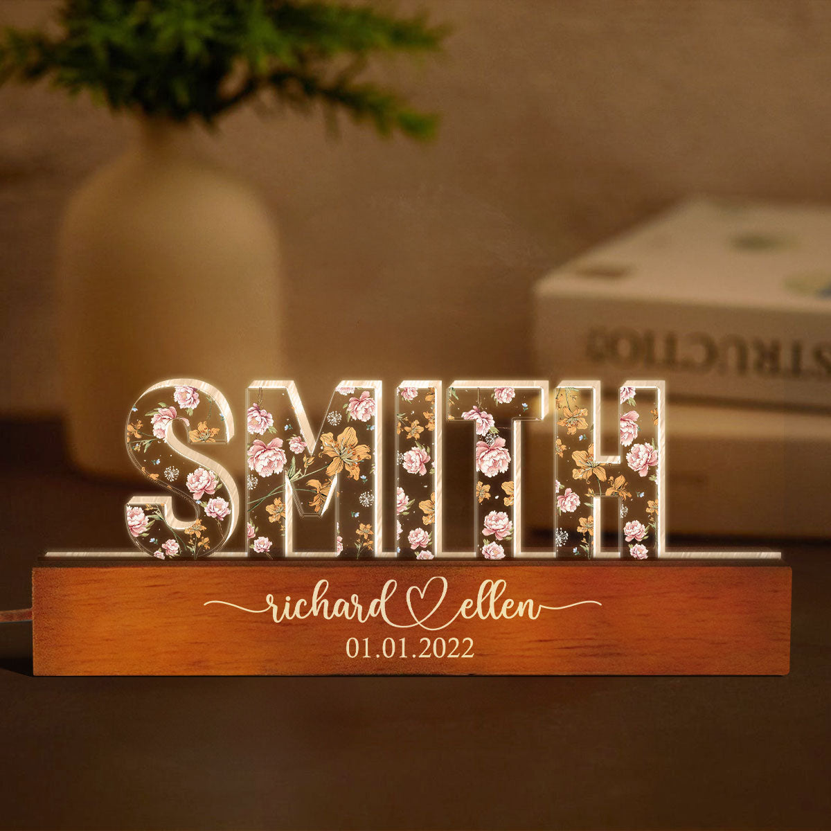 Mr & Mrs Family Name Wedding Anniversary Gift for her & for him, Custom Flower Printed LED Night Light