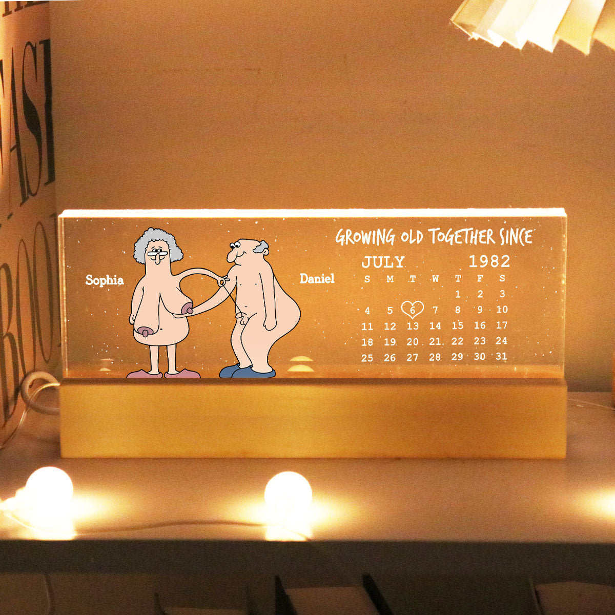 Growing Old Together Funny Old Couple Anniversary Calendar Keepsake Gift Personalized Acrylic Block LED Night Light