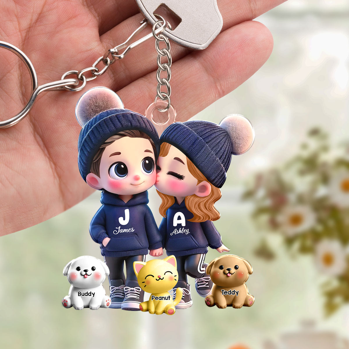 3D Effect Cute Cartoon Couple You Me And The Dog Cat Personalized Acrylic Keychain, Unique Valentine's Day Gift For Him, Gift For Her