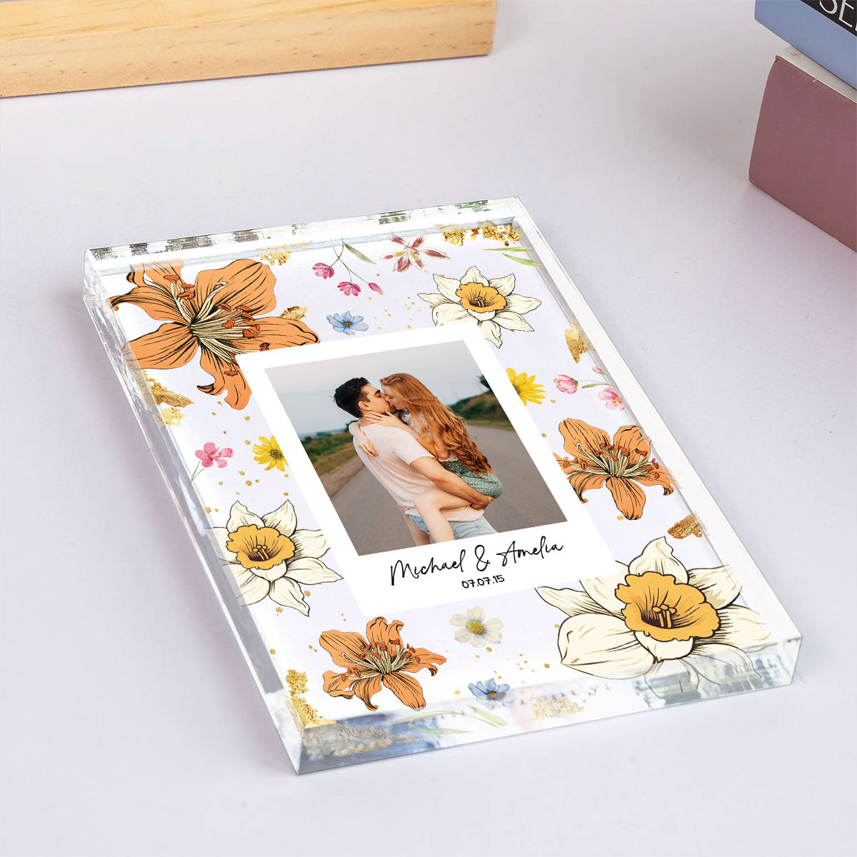 Couple Upload Photo Birth Month Flowers Personalized Acrylic Block Plaque, Anniversary Gift, Gift