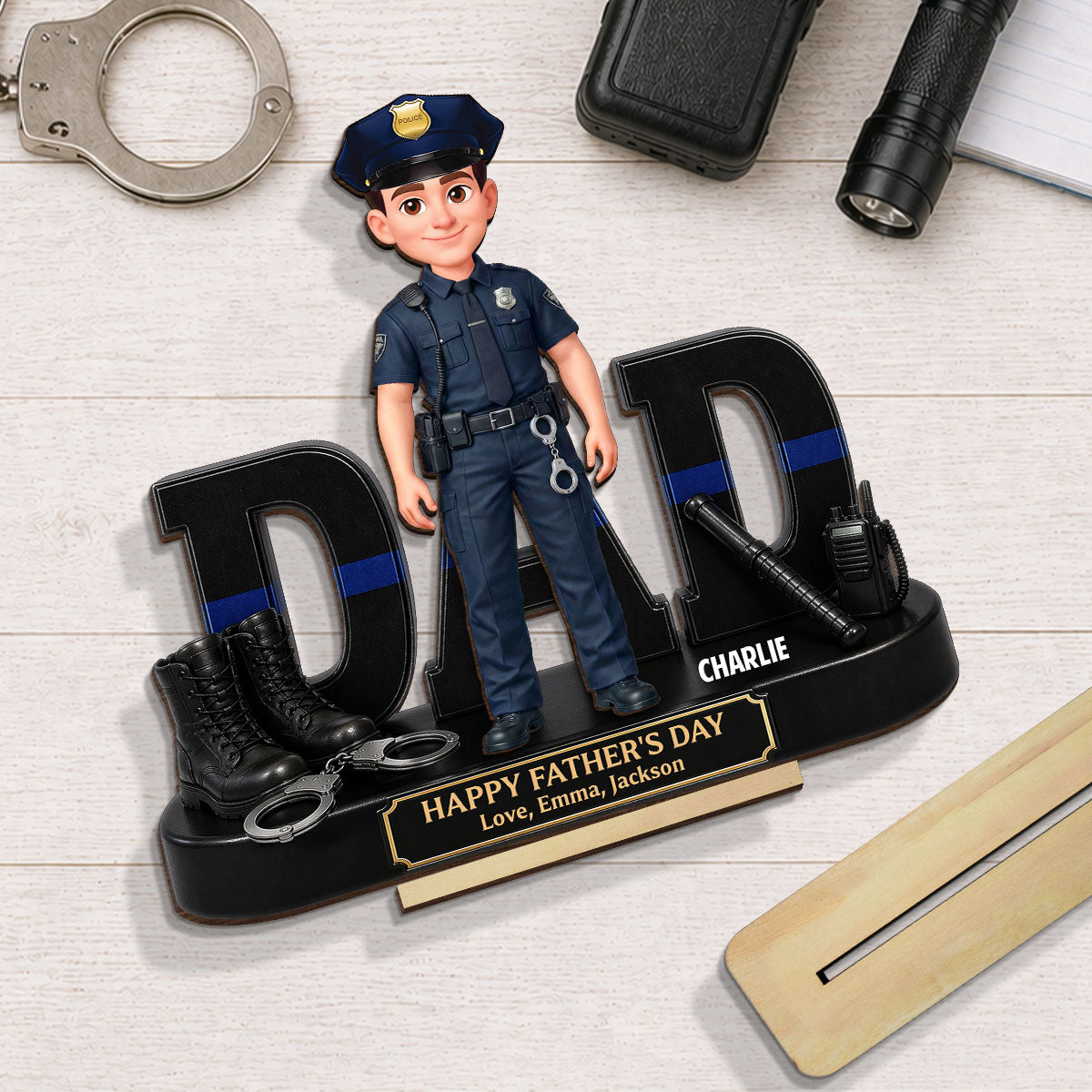 Proud American Police Officer Dad - Personalized 2-Layered Wooden Plaque - Gift For Dad