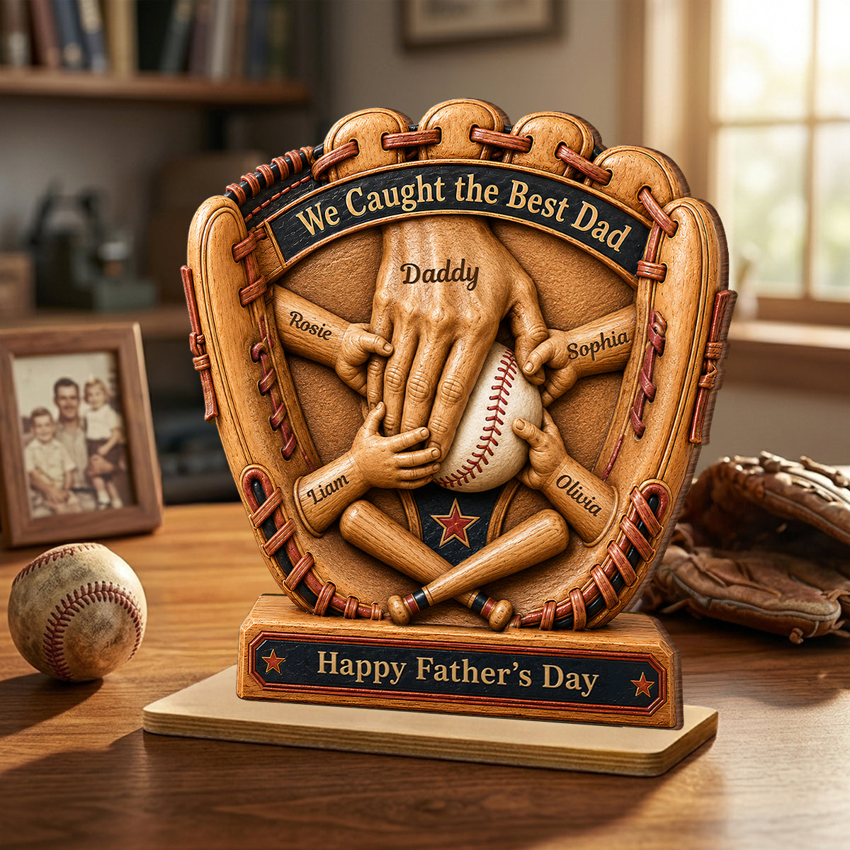 Baseball Glove Dad & Kids' Hands - Personalized 2-Layered Wooden Plaque - Gift For Dad, Husband