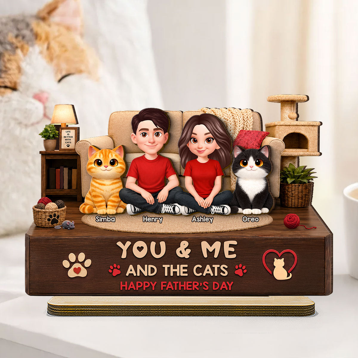 You & Me And The Cats Cozy Room 2D Flat - Personalized 2-Layered Wooden Plaque - Gift For Cat Dad