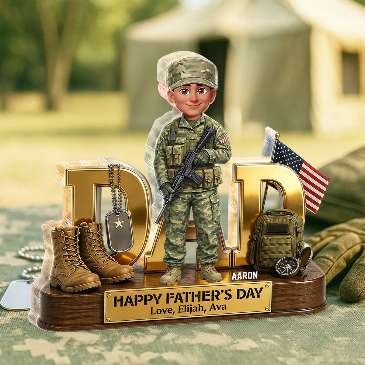 Proud American Military Armed Force Hero Dad 2D Flat - Personalized Acrylic Block Plaque - Gift For Dad