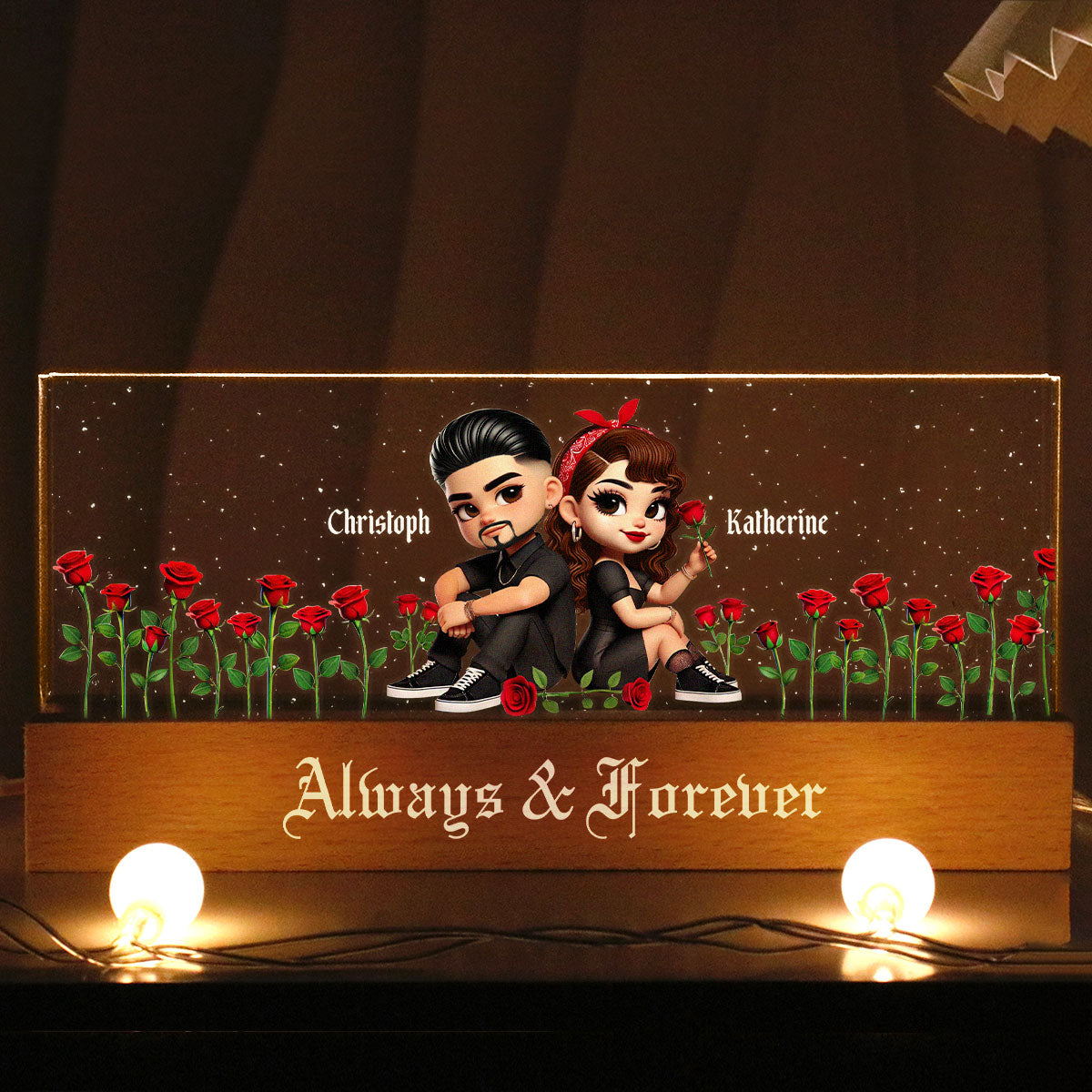 Pretty Couple Roses Heart Together Since Personalized Acrylic Block LED Night Light, Gift, Anniversary Gift for Couples
