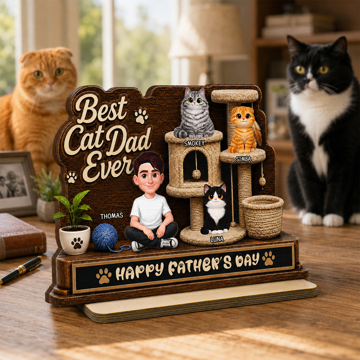 Best Cat Dad Ever Man Sitting Cute Cats On Cat Tree 2D Flat - Personalized 2-Layered Wooden Plaque - Gift For Cat Dad