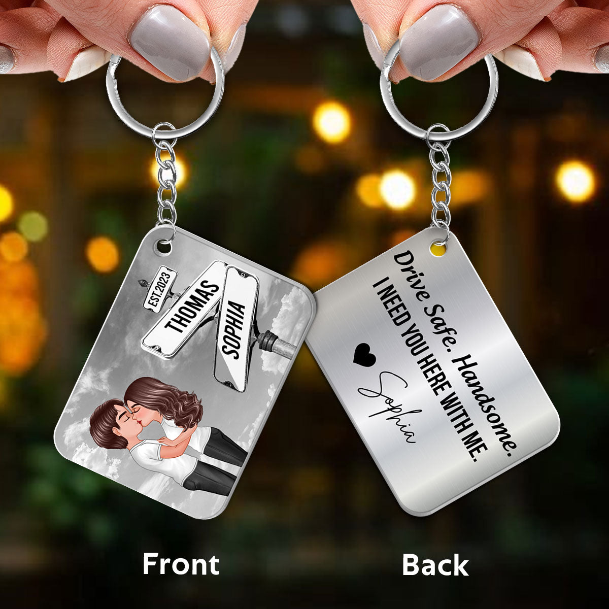 Drive Safe Couple Kissing Vintage Crossroads Street Sign Personalized Metal Keychain, Anniversary Gift For Him, Boyfriend, Husband
