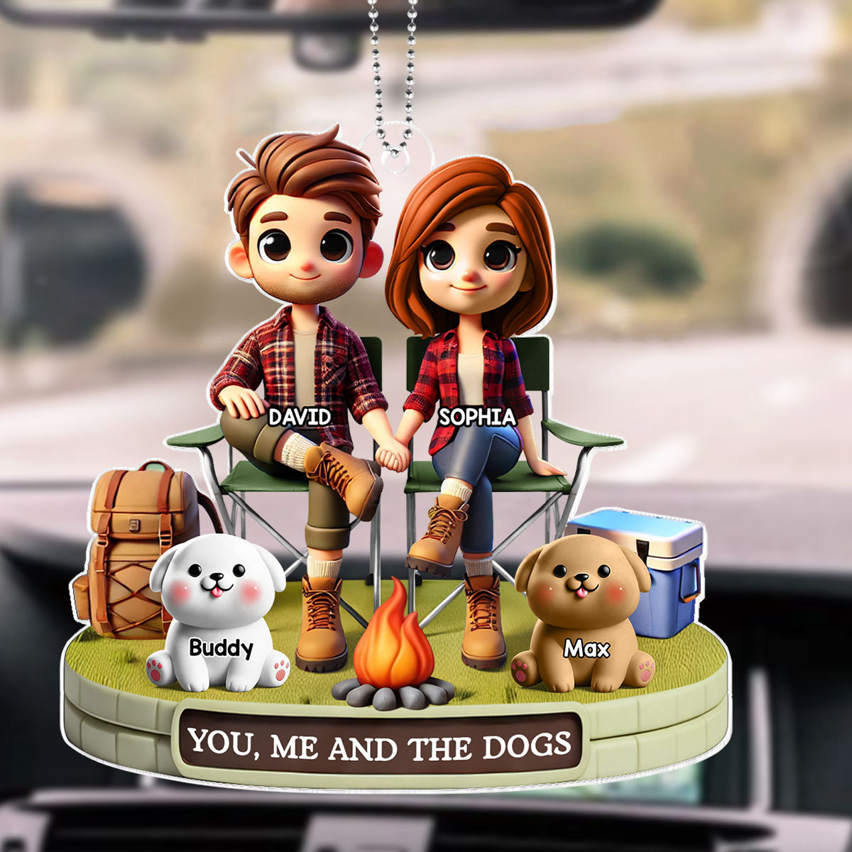 3D Effect Camping Couple And Dogs Cats Personalized Acrylic Car Hanger, Gift, Anniversary Gift, Couple Keepsake