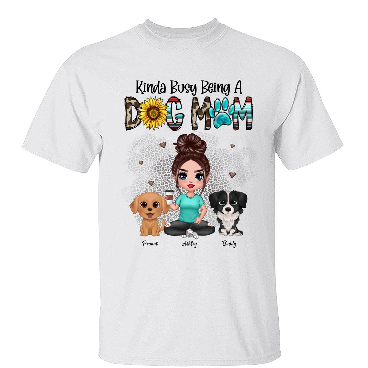 Kinda Busy Being A Dog Mom Western Pattern Teal Leopard Sunflower Doll Girl & Watercolor Dog Personalized Shirt