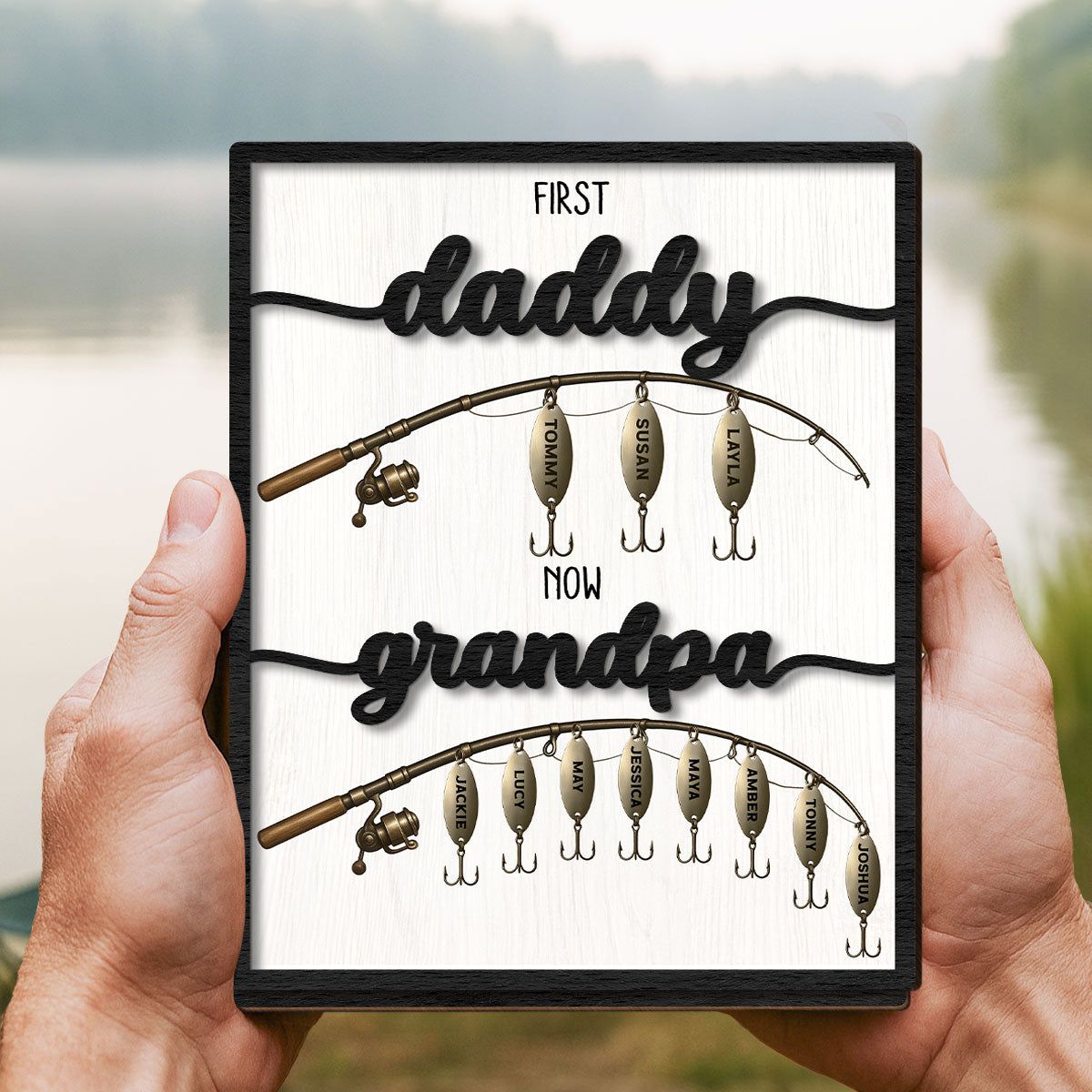 First Dad Now Grandpa Fishing Lures With Kids' Names Personalized 2-Layered Wooden Plaque, Gift For Husband, For Dad, For Grandpa