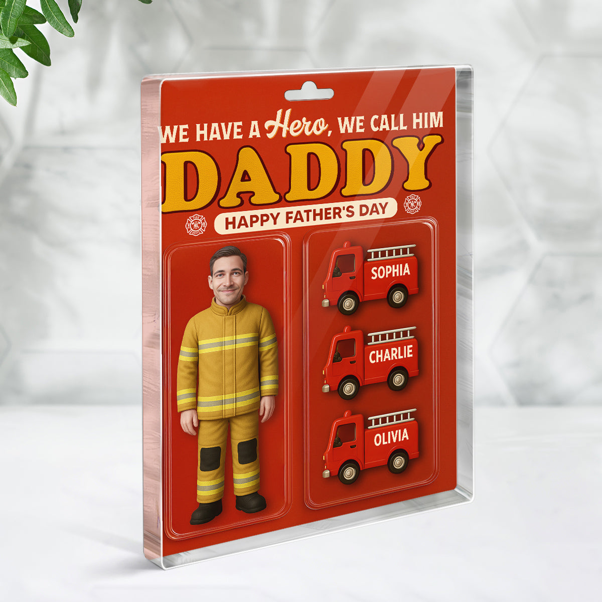 Firefighter Dad Hero Custom Figure 3D Effect Personalized Flat Acrylic Block Plaque, Unique Gift For Dad