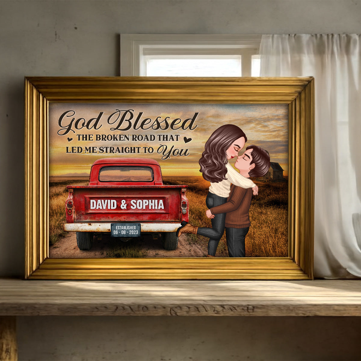Rustic Nostalgia Red Truck Couple Hugging Kissing - Personalized Poster - Heartfelt Valentine, Anniversary Gift For Him, For Her, Farmhouse Decor