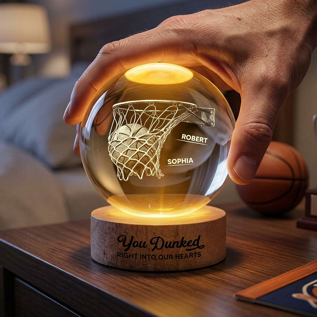 We Dunked Right Into Our Heart - Personalized Crystal Ball LED Night Light - Gift For Basketball Dad