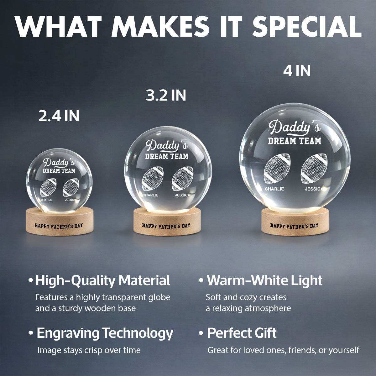American Football Daddy's Dream Team Illusion Style - Personalized Crystal Ball LED Night Light - Gift For Dad, Husband