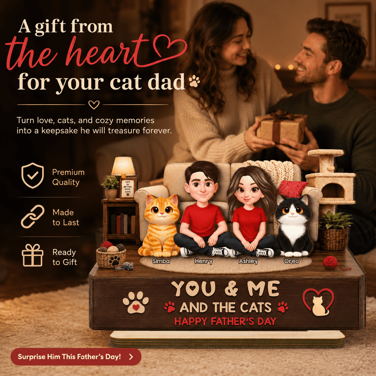 You & Me And The Cats Cozy Room 2D Flat - Personalized 2-Layered Wooden Plaque - Gift For Cat Dad