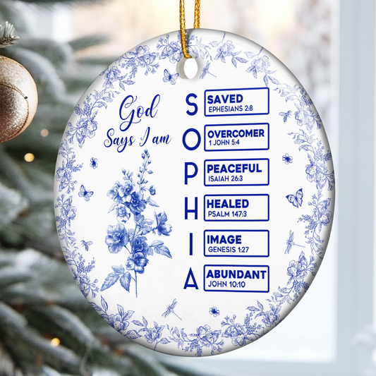 God Says I Am Name Letter In Bible Toile De Jouy Style - Personalized Ceramic Ornament