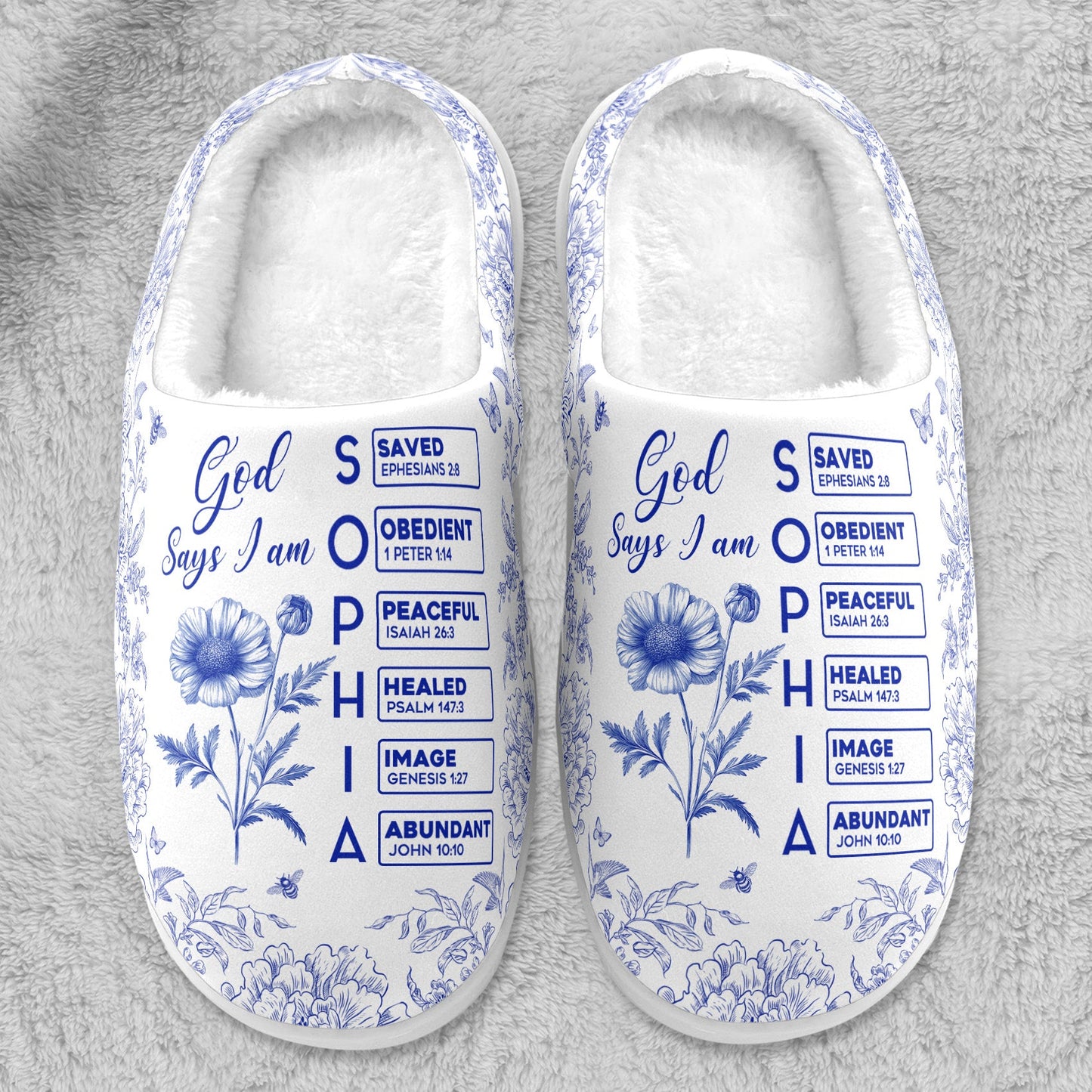 God Says I Am Name Letter In Bible Toile De Jouy Style - Personalized Slippers