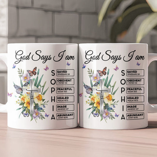 God Says I Am New Version Custom Birth Flower Name In Bible - Personalized mug