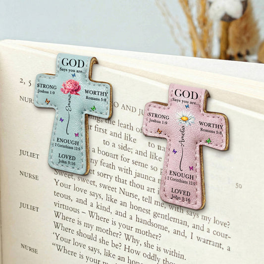 God Says I Am, Custom Birth Flower - Personalized Leather Magnetic Bookmark