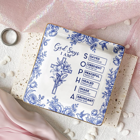 God Says I Am Name Letter In Bible Toile De Jouy With Faith Symbol - Personalized Jewelry Dish