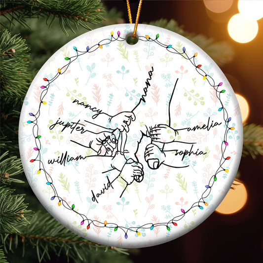 Grandma Hand Grandkids Name Christmas Light - Personalized Ceramic Ornament