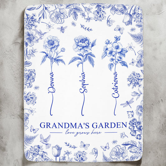 Grandma's Garden - Custom Kids Birth Flower Toile De Jouy - Personalized Blanket