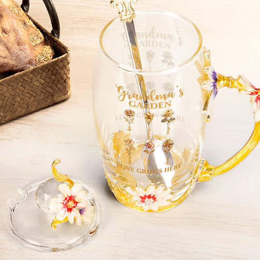 Grandma's Garden Love Grows Here Golden Birth Month Flower - Personalized Glass Cup
