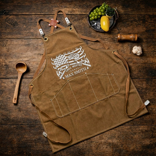 Grill Master, King Of BBQ - Custom Vintage Name For Him, Husband, Dad, Papa - Personalized Apron