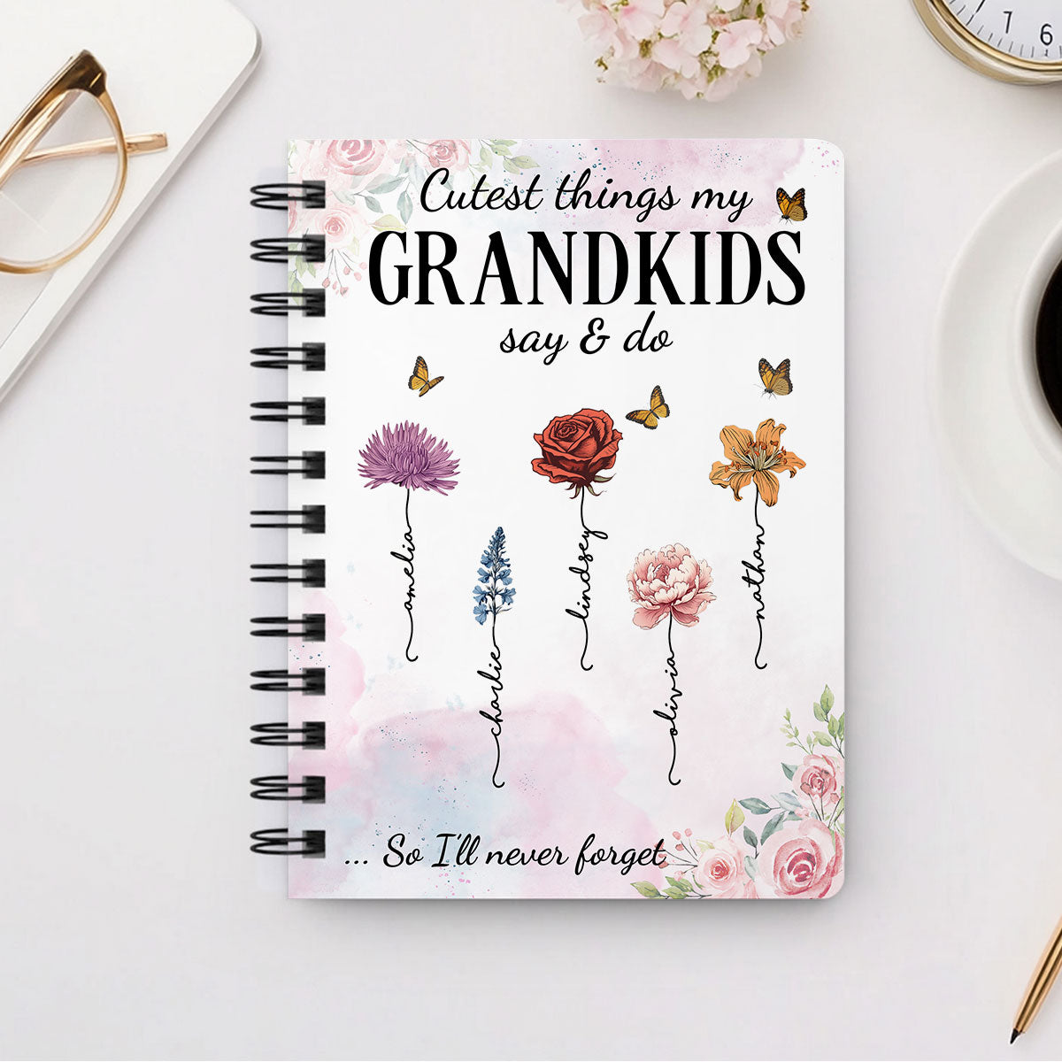 Cutest Things My Grandkids Say & Do Birth Month Flower Personalized Spiral Notebook Journal, Memory Book