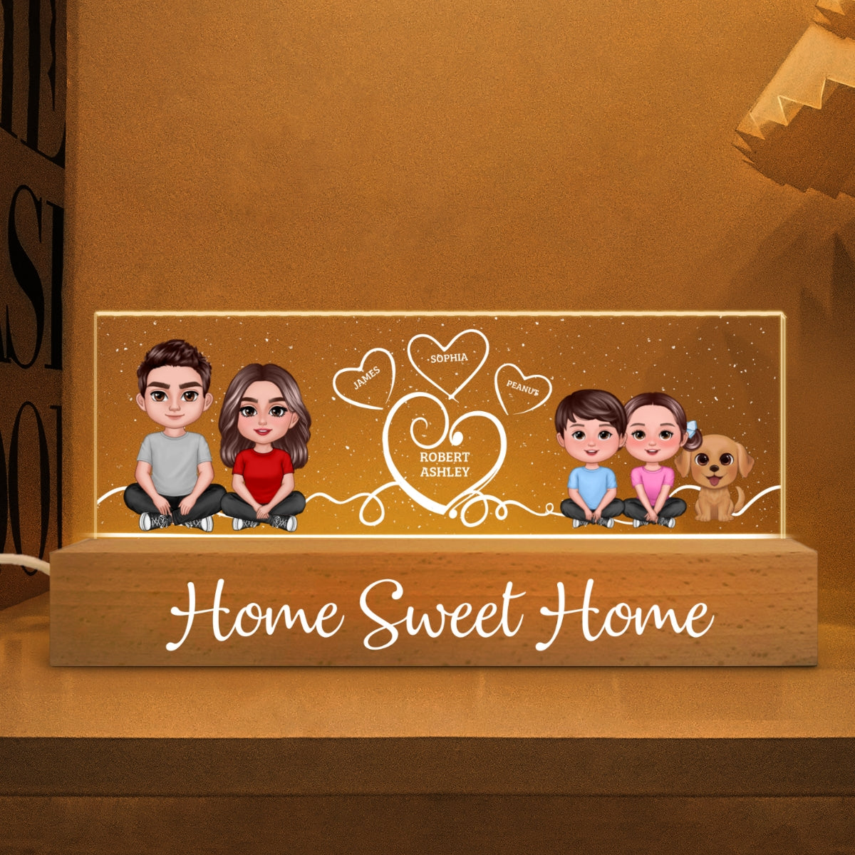 Home Sweet Home Cute Family Sitting Crossed Legs Personalized Acrylic Block LED Night Light, Gift For Her, Gift For Him