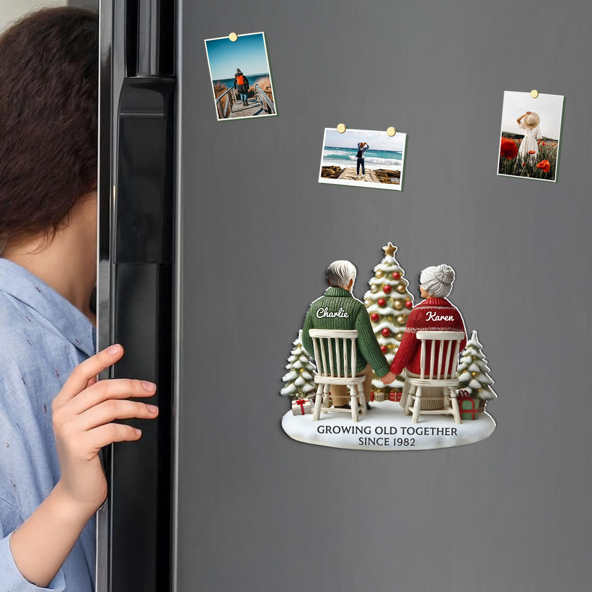 3D Back View Couple Growing Old Together Personalized Acrylic Fridge Magnet, 2025 Heartfelt Gift, Anniversary Gift For Couple, For Him, For Her, Husband, Wife