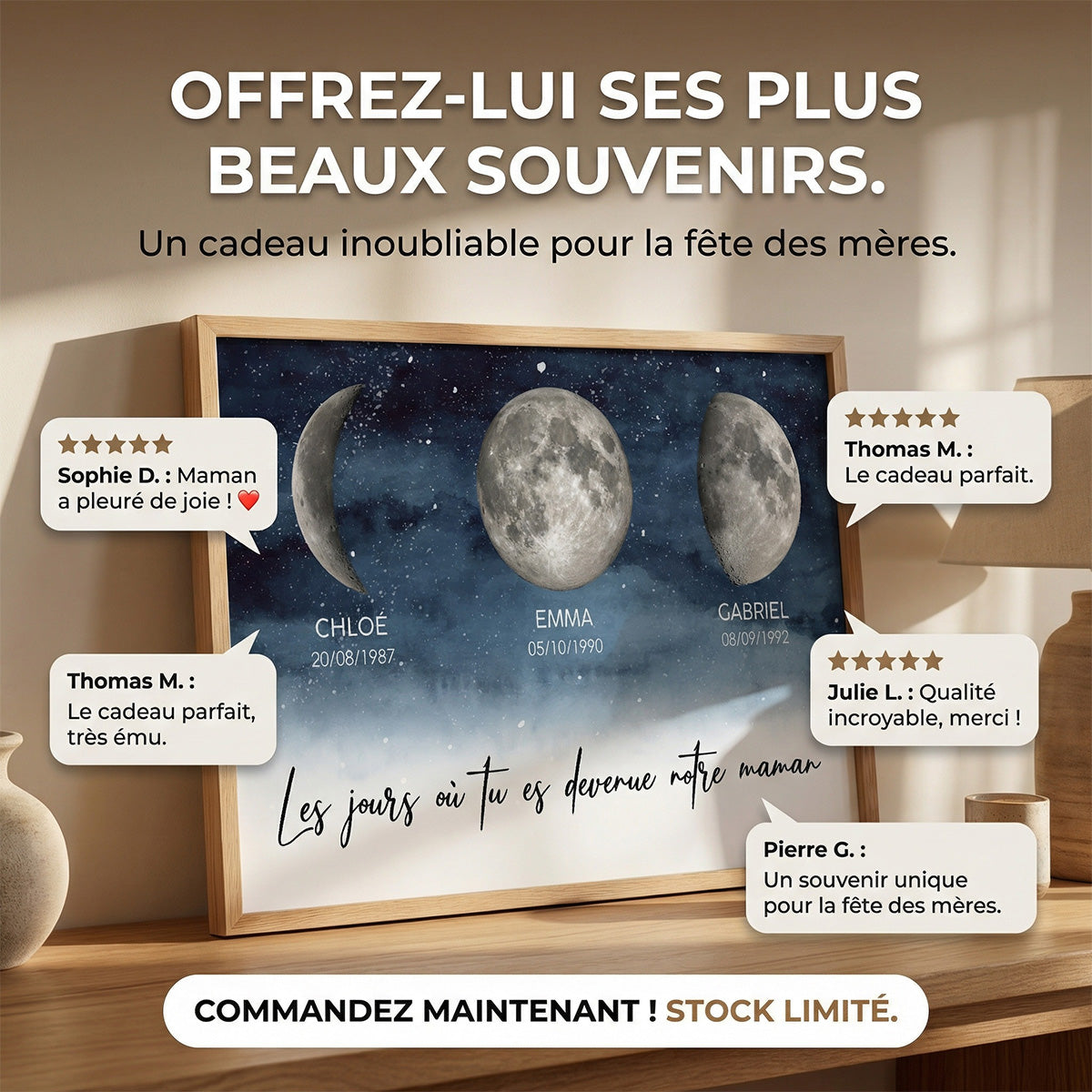Nuit toile Le jour o tu es devenue Maman, Mamie – Affiche personnalise avec phases de lune de naissance – Cadeau de Fte des Mres pour Maman ou Mamie