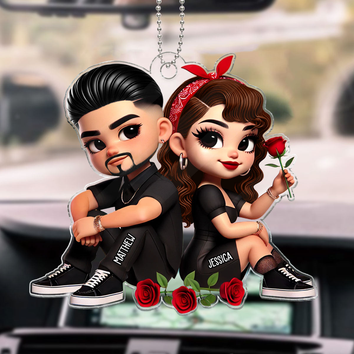 Pretty Couple Roses Heart Personalized Acrylic Car Hanger, Anniversary Gift, Gift for Couples