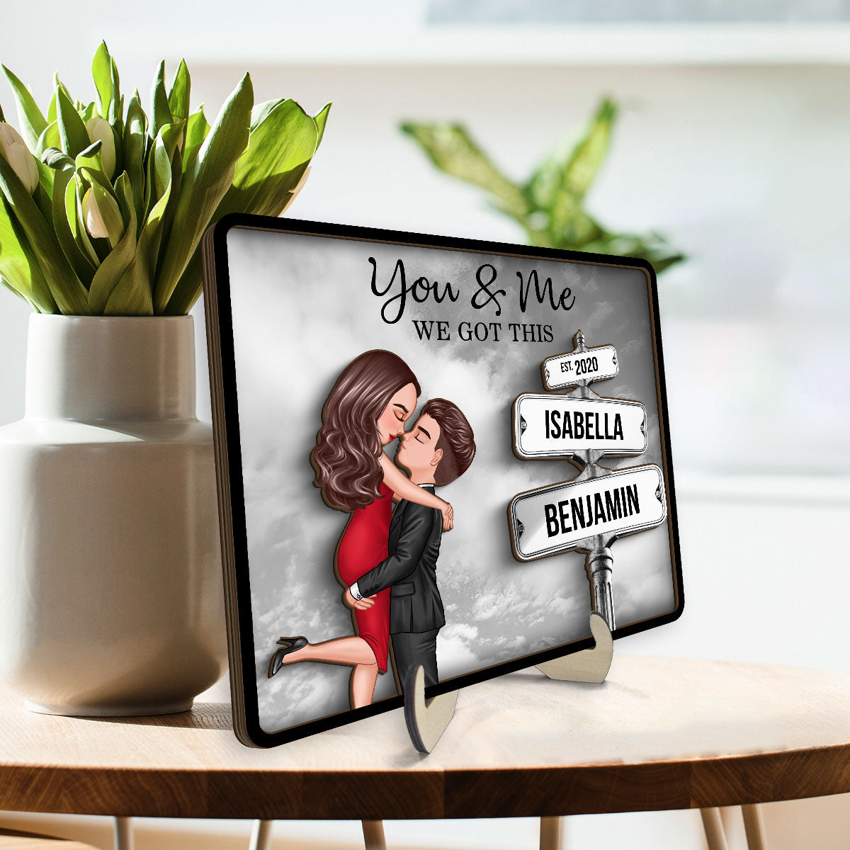 Couple Hugging Milestone Together Personalized Crossroads Street Sign 2-Layered Wooden Plaque, Best Home Bedroom Desk Decor For Couples, Gift For Her, For Him