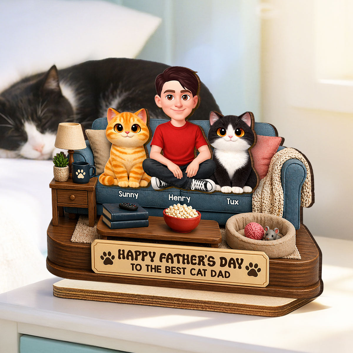 Happy Best Cat Dad - Personalized 2-Layered Wooden Plaque - Gift For Cat Dad, Cat Lovers