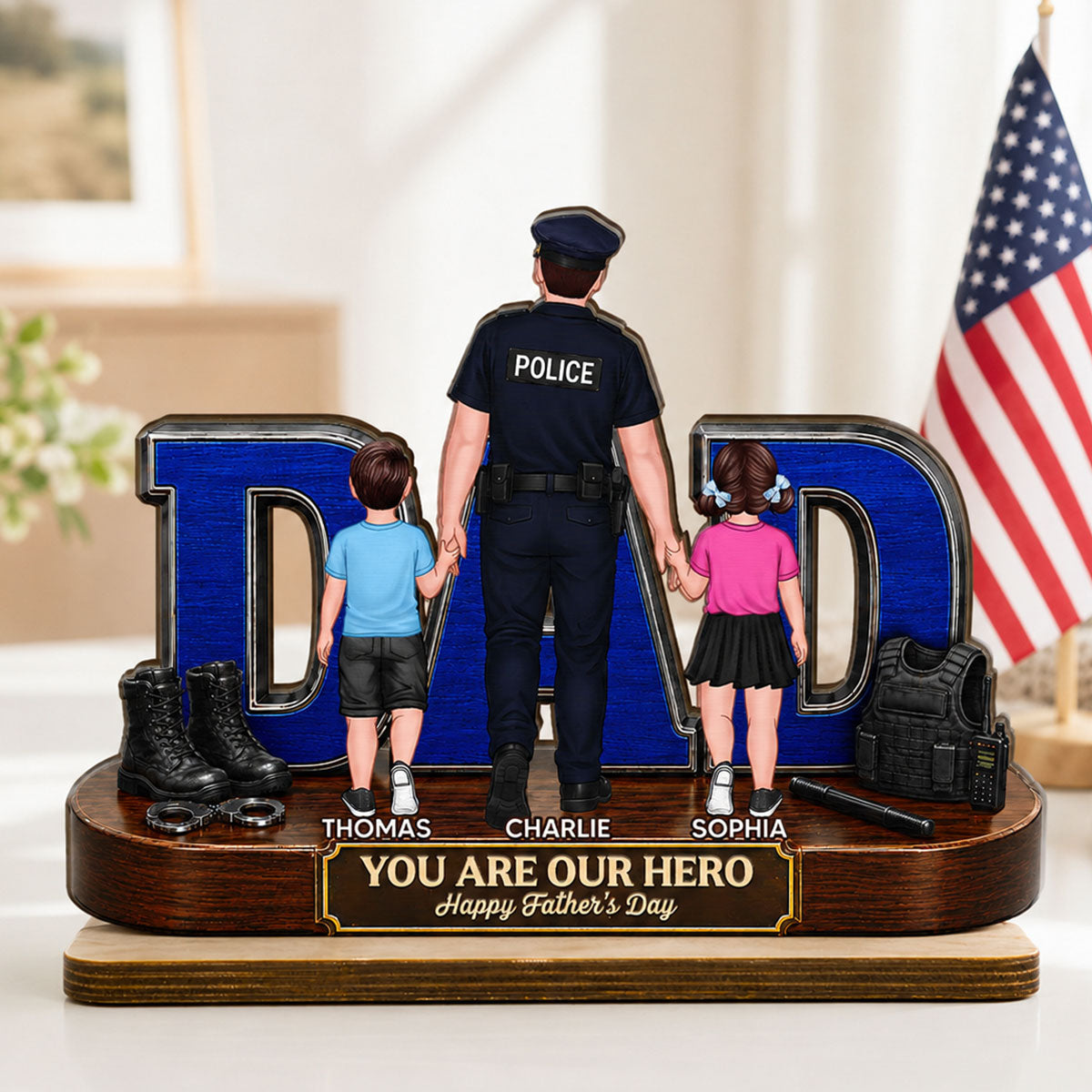 Proud American Police Dad You Are Our Hero - Personalized 2-Layered Wooden Plaque - Unique Trending Gift For Dad, Husband