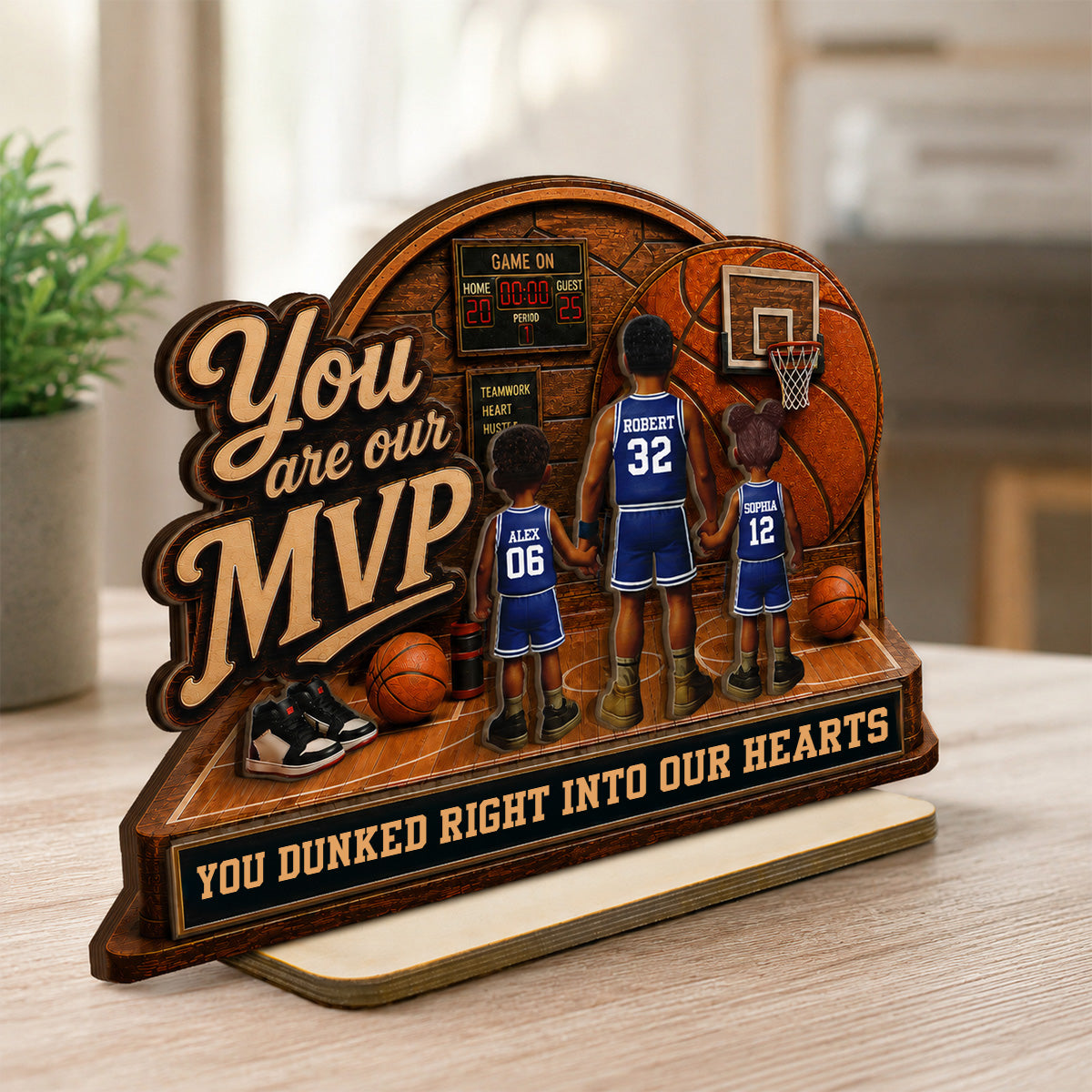 You Are Our MVP Standing Basketball Man & Kids 2D Flat - Personalized 2-Layered Wooden Plaque - Gift For Basketball Dad
