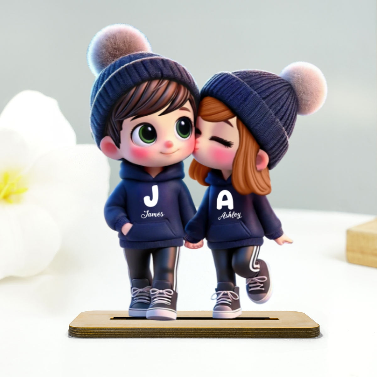 3D Effect Cute Cartoon Couple Walking Personalized Standing Wooden Plaque, Gift for Him, Gift for Her
