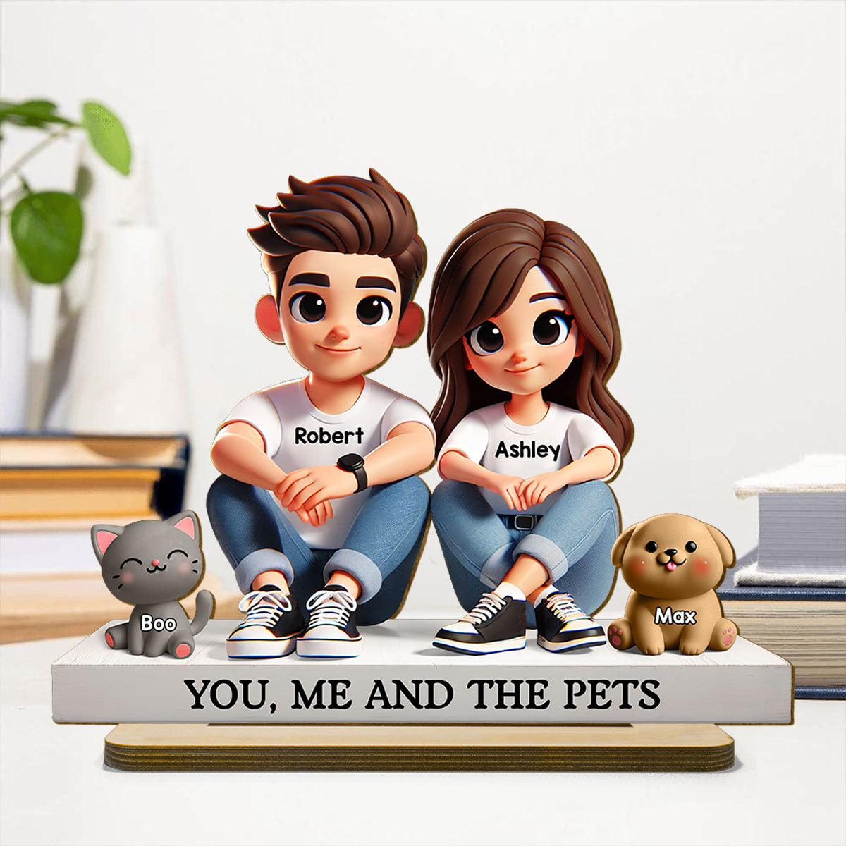 3D Effect Cute Couple And Dogs Cats Personalized Standing Wooden Plaque, Anniversary Gift, gift, Couple Keepsake