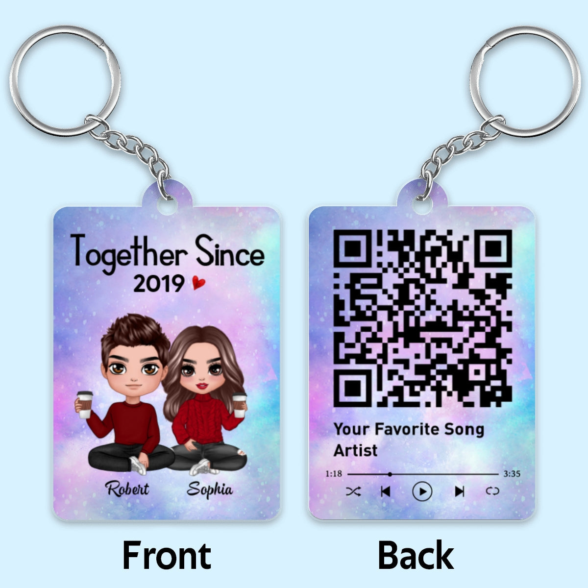 Doll Couple Sitting Together Since Favorite Song Scannable QR Code - Personalized Acrylic Keychain - Anniversary Gift For Him, Gift For Her