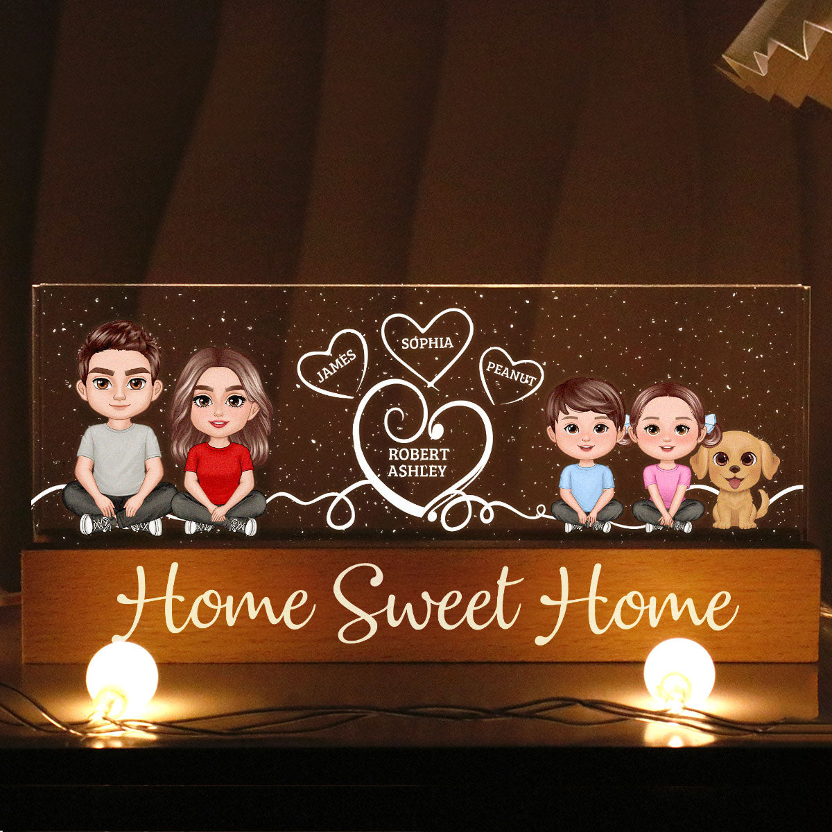 Home Sweet Home Cute Family Sitting Crossed Legs Personalized Acrylic Block LED Night Light, Gift For Her, Gift For Him
