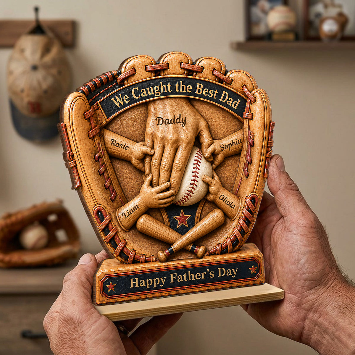 Baseball Glove Dad & Kids' Hands - Personalized 2-Layered Wooden Plaque - Gift For Dad, Husband