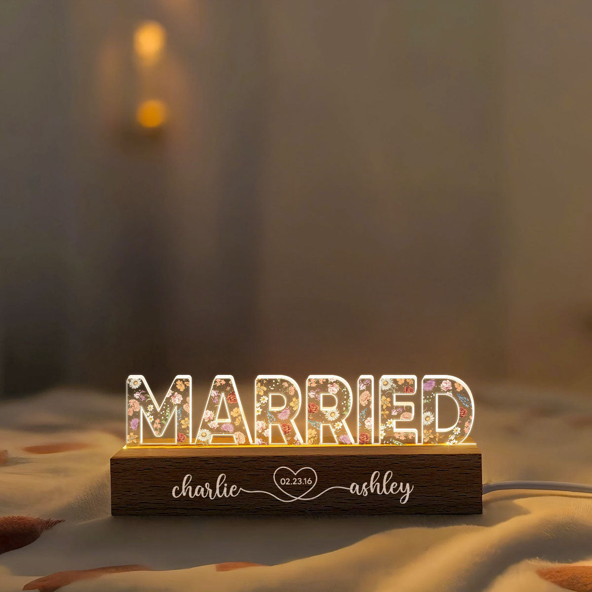Personalized Couple Wedding Married Floral Theme Anniversary Gift Acrylic Block LED Night Light, Heartfelt 2025 Gift, For Him, For Her, For Husband, For Wife