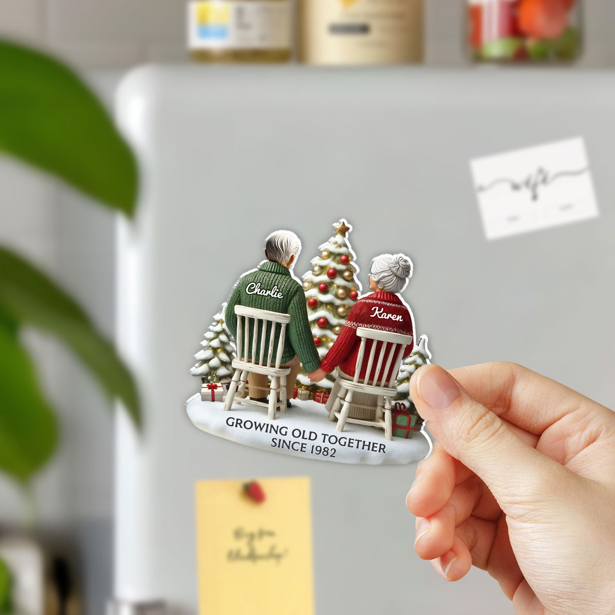3D Back View Couple Growing Old Together Personalized Acrylic Fridge Magnet, 2025 Heartfelt Gift, Anniversary Gift For Couple, For Him, For Her, Husband, Wife